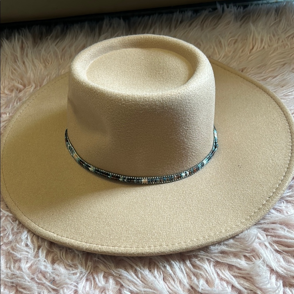 Elegant Tan Wide-Brim Hat with Beaded Band